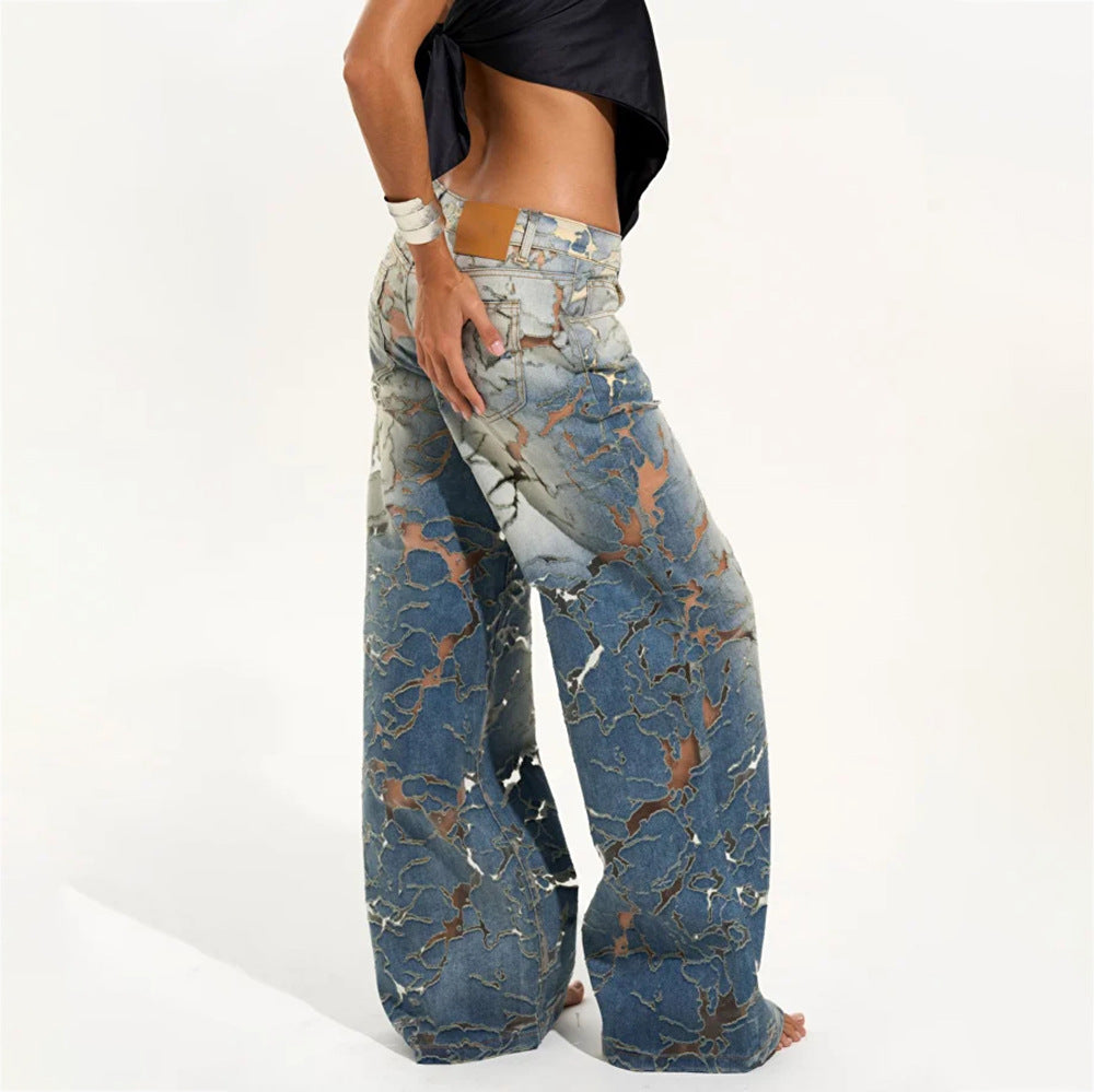 2025 n design sense burned flower hollow wide-leg jeans summer retro street style old pants denim wholesale