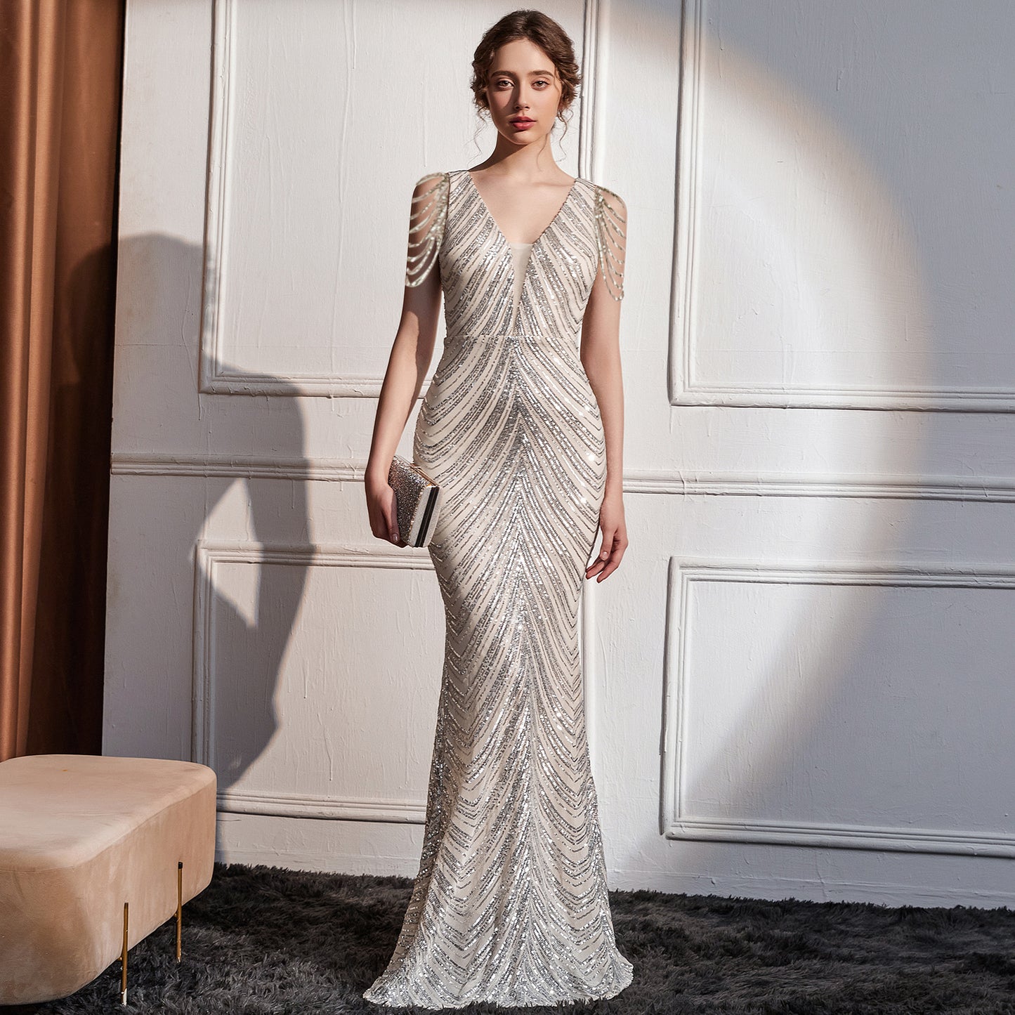 2025 Evening dress, femininity, socialite, high sense, company annual meeting host, banquet party, deep V long dress