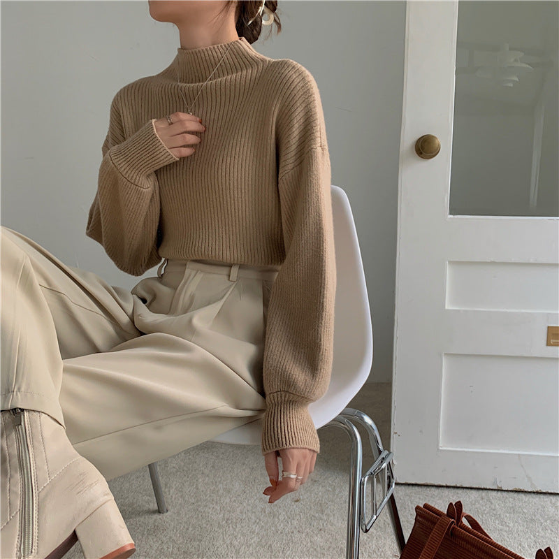 jinran fall fashion Japan and South Korea ~ 2024 New Bottoming Half Turtleneck Solid Color Lantern Sleeve Korean Style Knitted Sweater Top for Women