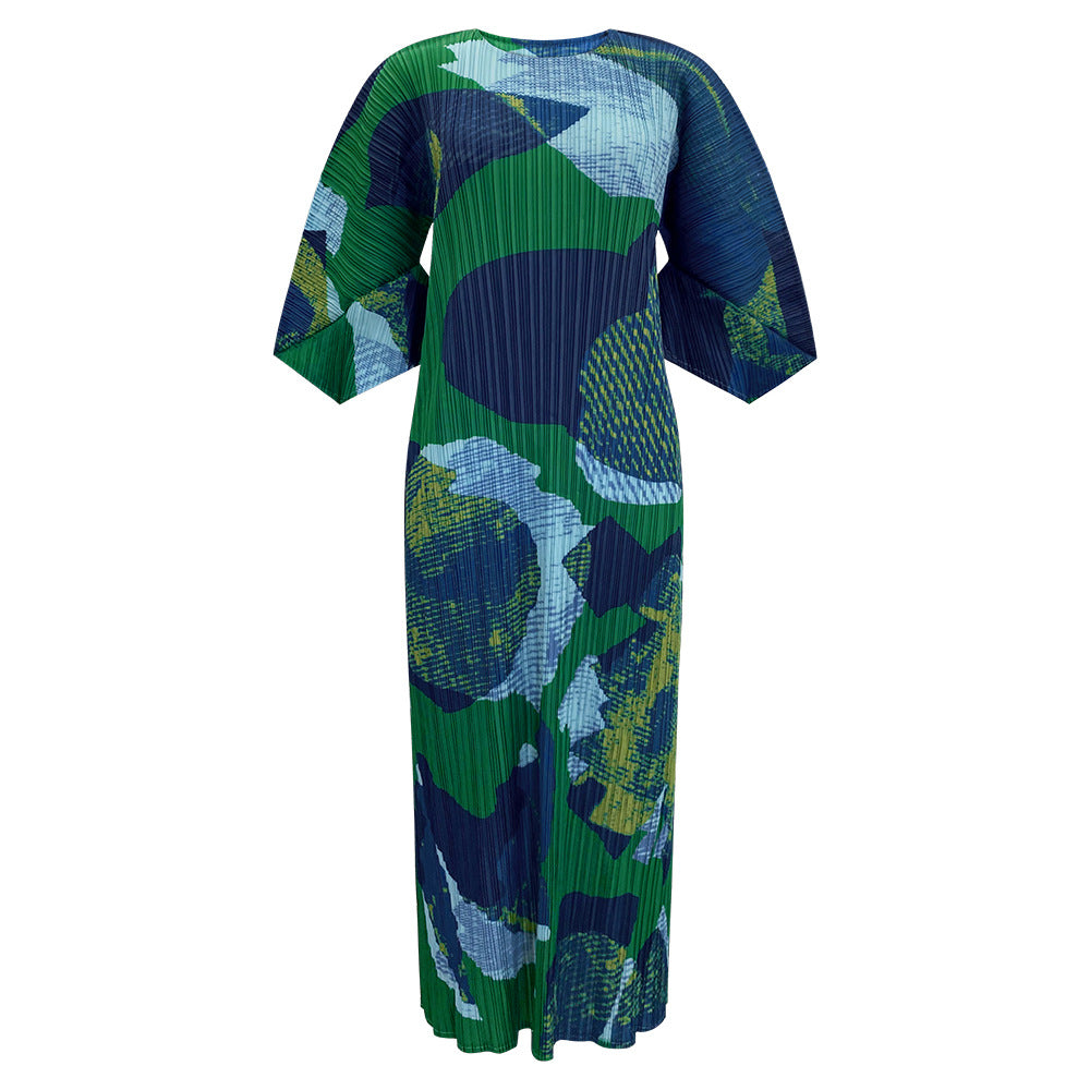 2025 Miyake new geometric printing seven-quarter sleeve round neck loose Korean version dress women's pleated temperament A-shaped skirt
