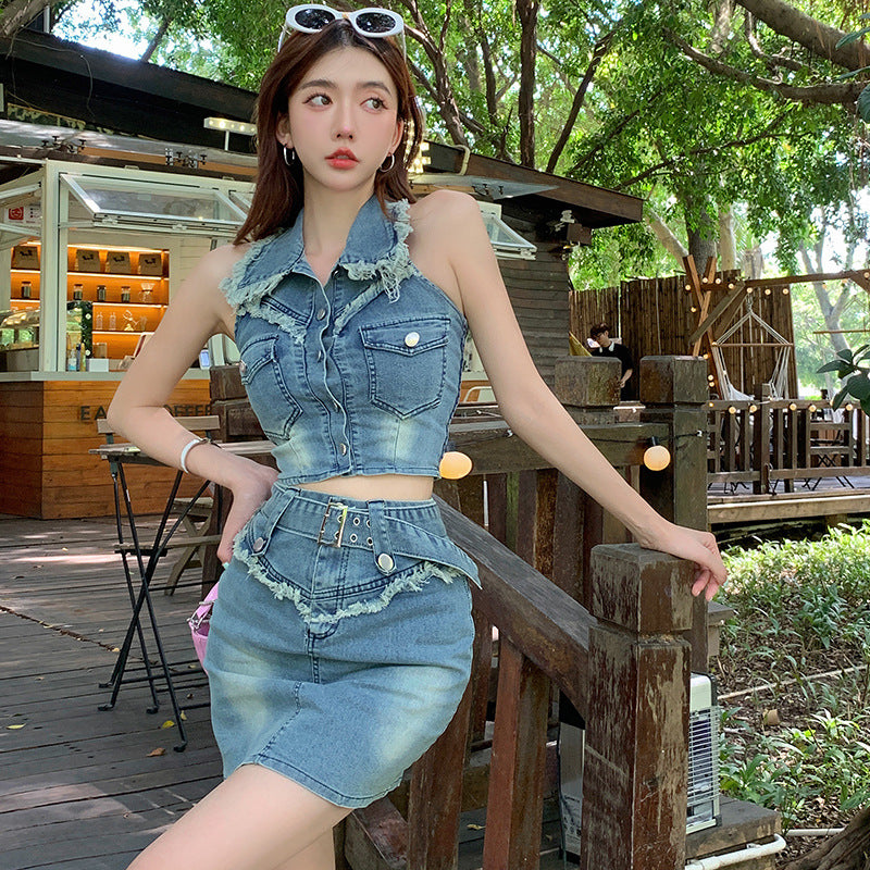 2025 Spice girl denim suit women's summer new fashion neck halter navel vest top high waist rough edge skirt