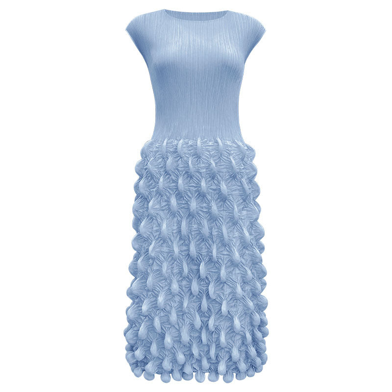 2025 summer new spot bubble pleated long dress slim pleated women's clothing solid color niche handmade sleeveless dress