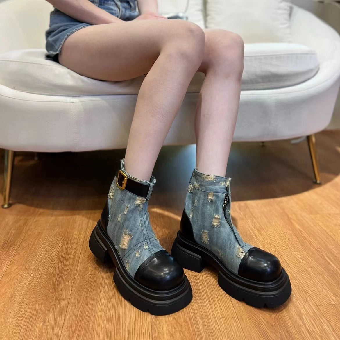 jinran shoes Martin Boots for Women 2024 Spring and Autumn New Distressed Thick Bottom Denim Motorcycle Single Boots Short Boots Tooling Short Boots