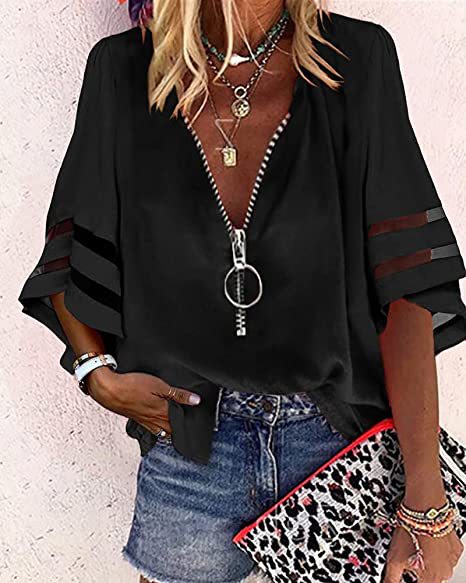 2025 Popular, , 's new V-neck zipper shirt, half-flared sleeve grid splicing, loose casual shirt women