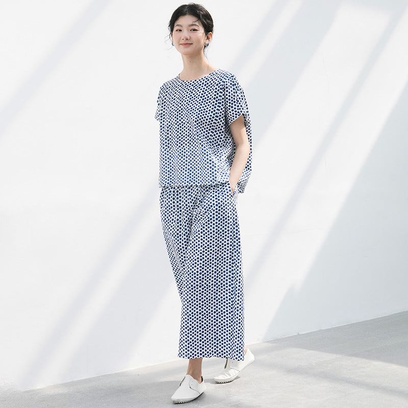 2025 popular cotton printing salt shrinkage white background blue dot summer thin top A0540 pants A0541 set casual