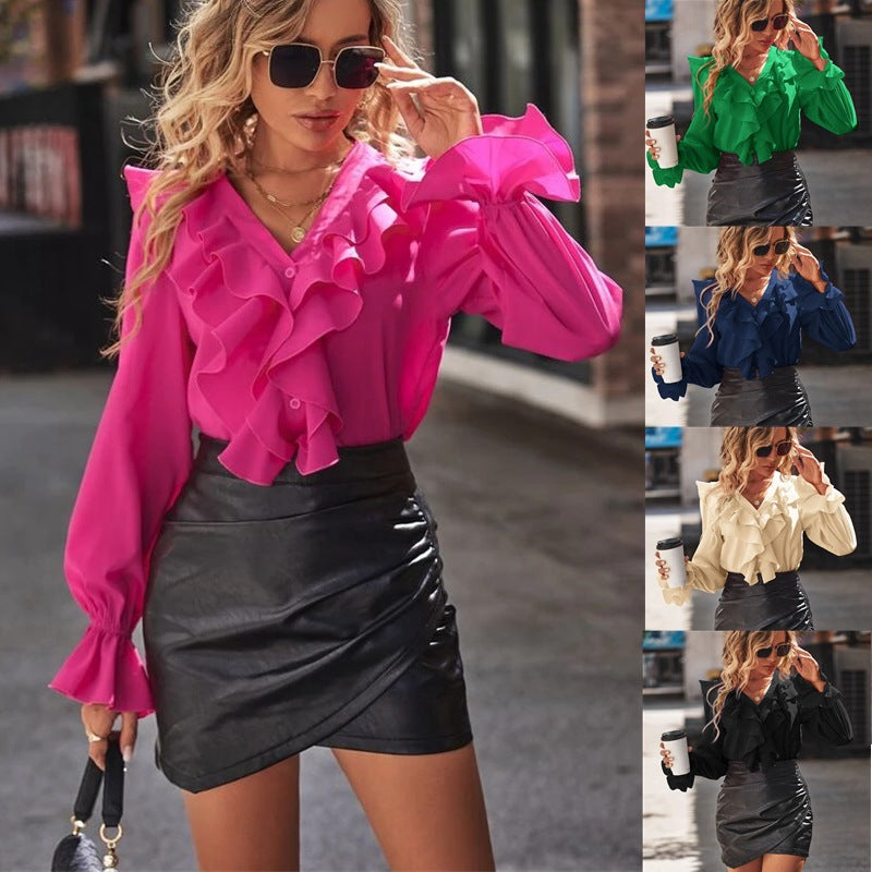 2025 Popular, , New Women's Clothing Autumn New V-Neck Lotus Leaf Temperament Elegant Shirt Women