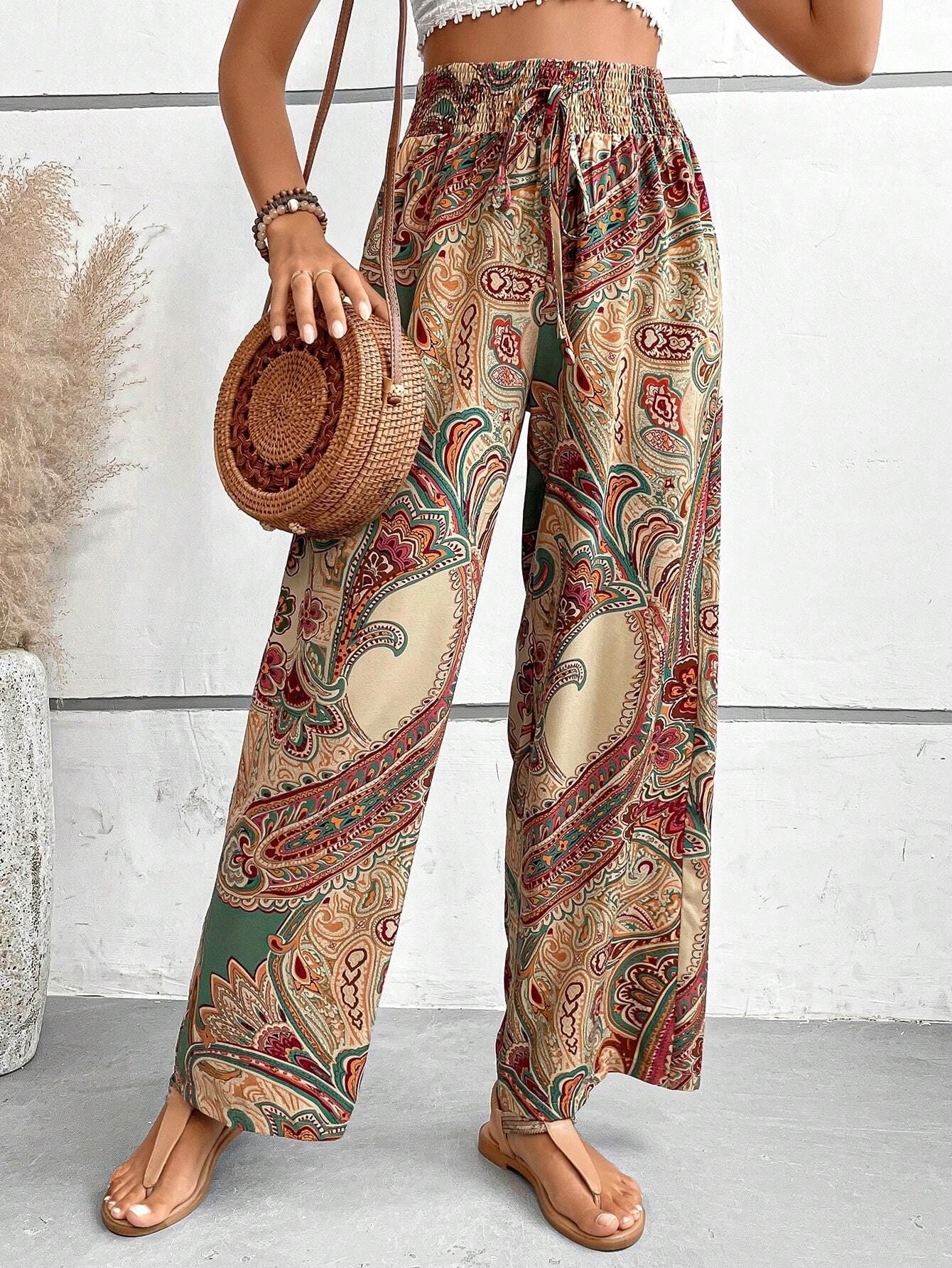 2025 Tiktoktemu women's clothing summer new fashionable versatile printed elastic waist wide-leg pants