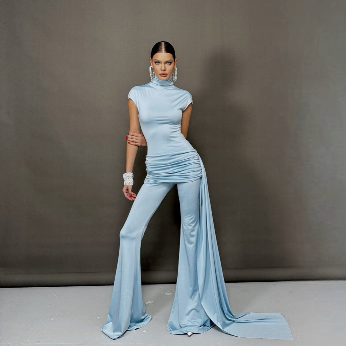 2025 Hot trade Sexy Spice Girls Premium sense pleated streamer design turtleneck jumpsuit high waist slim-fitting micro-pull pants women