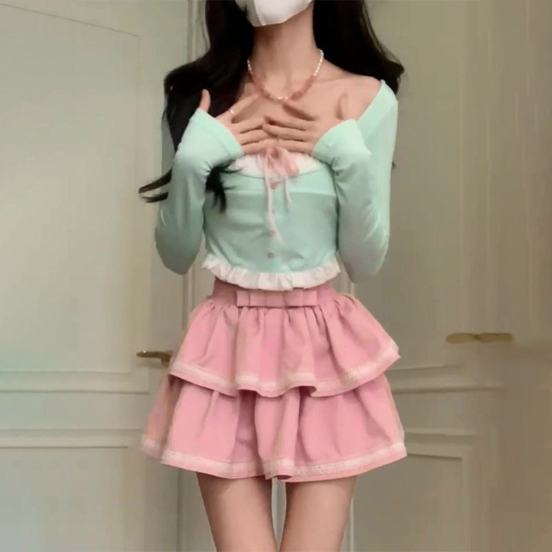 jinran outfit 2024 Spring and Summer Vigorous Girl Lace Collar Cardigan Slim Slimming Long Sleeve Top Cake Dress Two-Piece Set