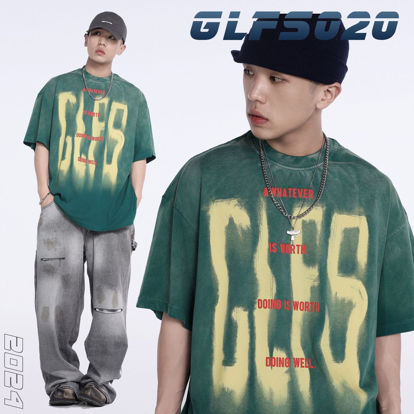 2025 JT916 2025n street 2025 summer washed and old high-end design men's loose letter picture short-sleeved T-shirt