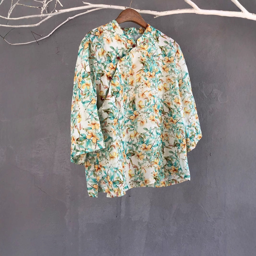 2025 Mountain is free, new products in spring and summer, temperament retro collar diagonal placket buckle ramie color top 80413 casual and versatile