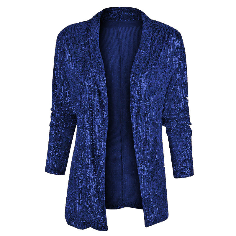 2025 spring New new 2025 sequined long-sleeved temperament medium and long small suit lapel coat