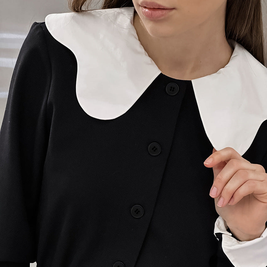 2025 popular spring fashion black loose lapel bubble sleeves contrasting color patchwork dress New simple short skirt women