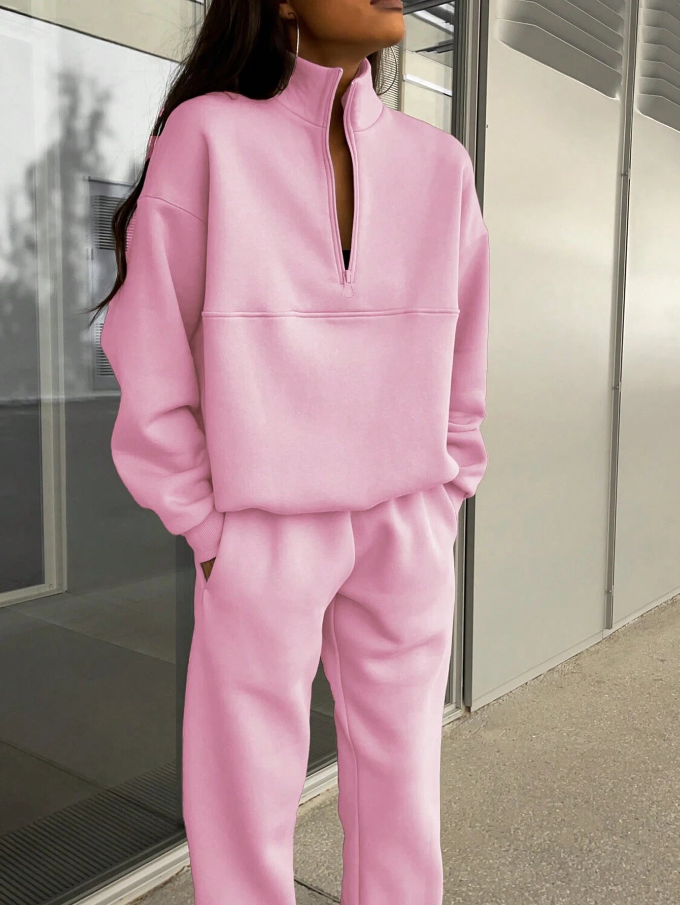 2025 Popular, , New autumn and winter new fashion zipper lapel solid color casual two-piece set