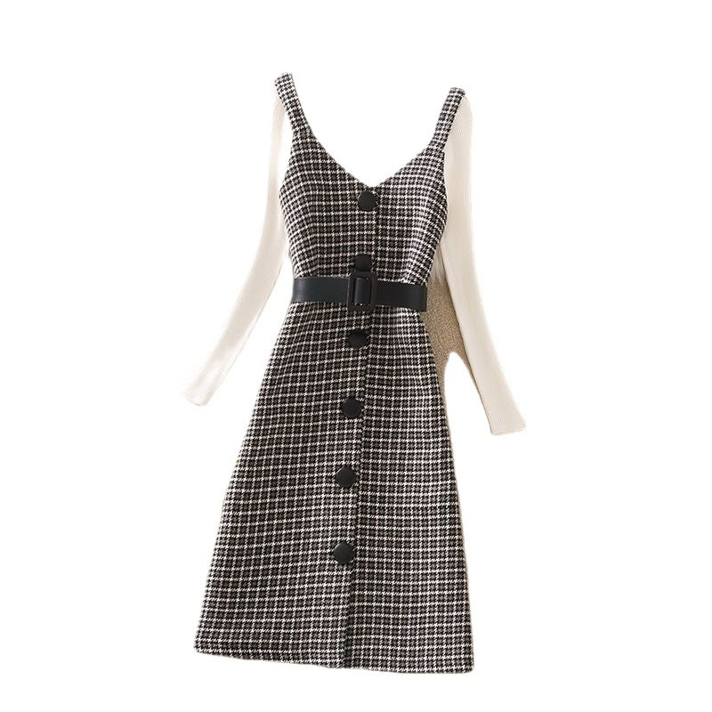 jinran fall trends 2024 outfits Sweater Dress Suit Women's 2024 Autumn and Winter New Retro Woolen Plaid Strap Dress Two-Piece Suit Fashion Women