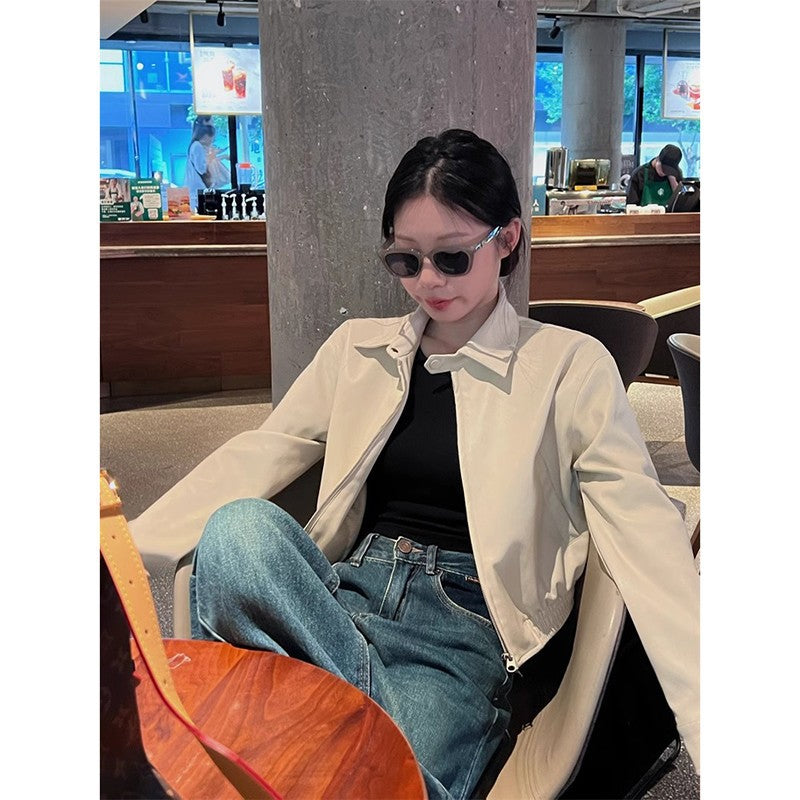 jinran fall inspo outfits Autumn New Retro Loose Western Style High-Grade Zipper Leather Coat Women's Stand Collar Long Sleeve Short Jacket