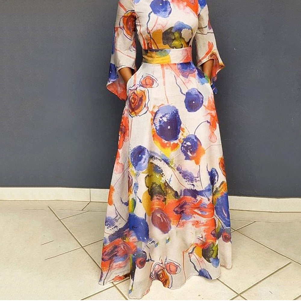 2025 New new spring Popular trade mid-waist commuting large size blue printed long dress waist pullover dress