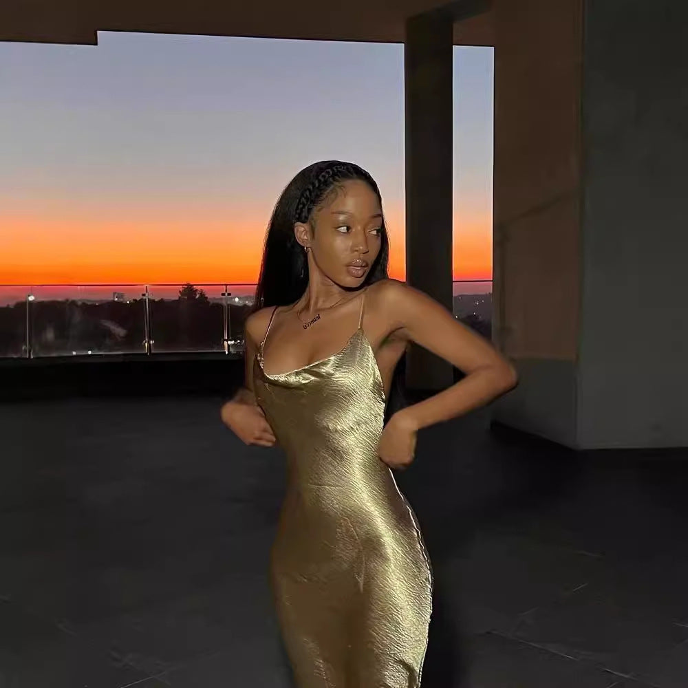 jinran party dresses 2024 Summer Masson Popular Elegant Backless Strap Fishtail Golden Dress Dress Sexy Slimming