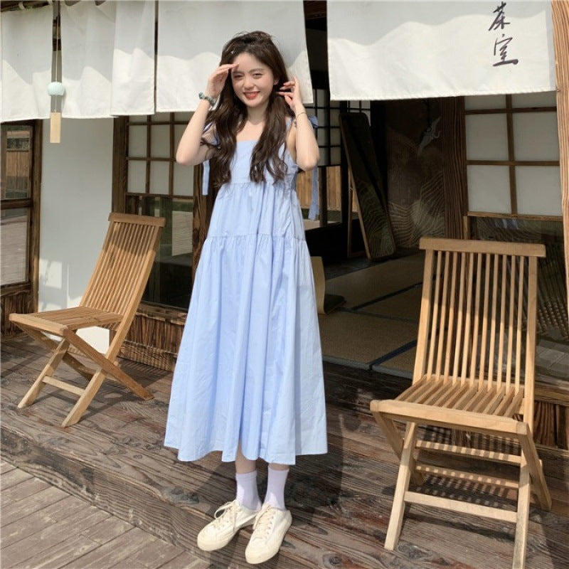 jinran birthday outfit Suspender Skirt Summer 2024 New Small Fresh Bow Lace-up Mid-Length Sweet Casual Dress Women