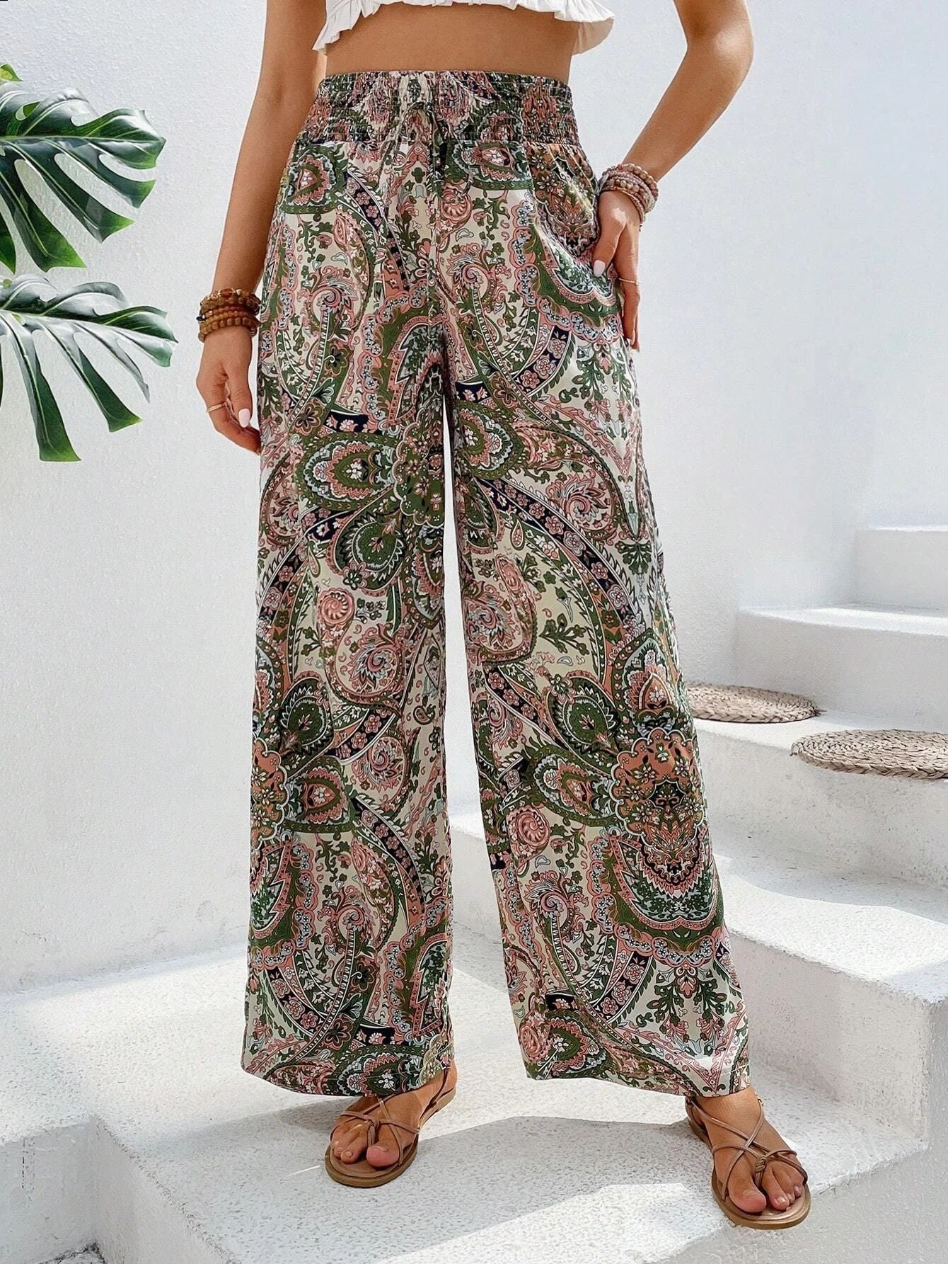 2025 Tiktoktemu women's clothing summer new fashionable versatile printed elastic waist wide-leg pants