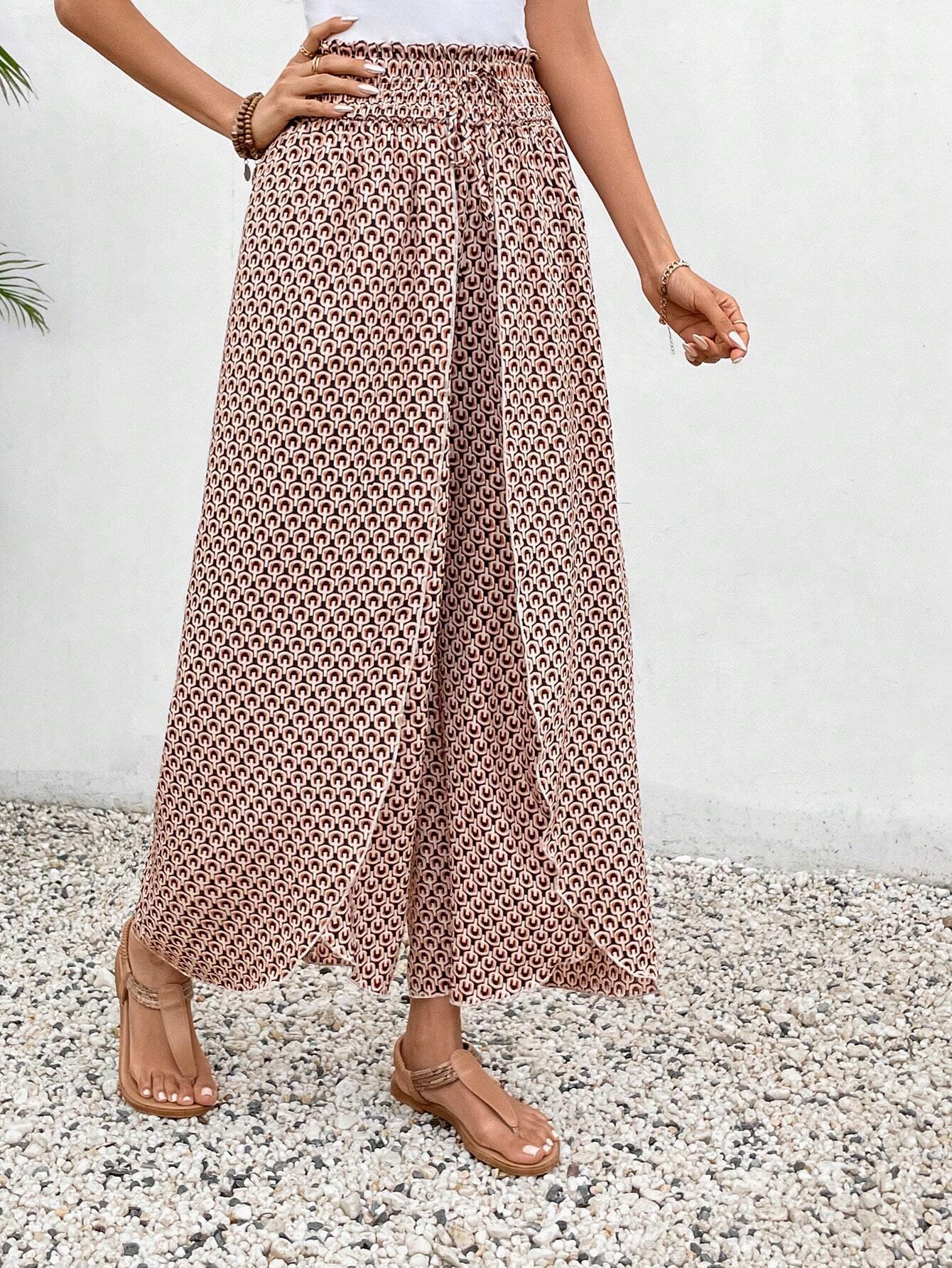 2025 Tiktoktemu women's clothing summer new fashion versatile floral side slit wide-leg culottes