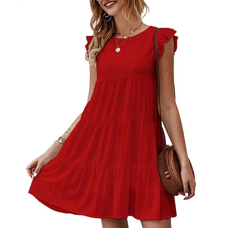 2025 Popular, , summer new solid color round neck short-sleeved dress casual cake skirt pleated pendulum skirt