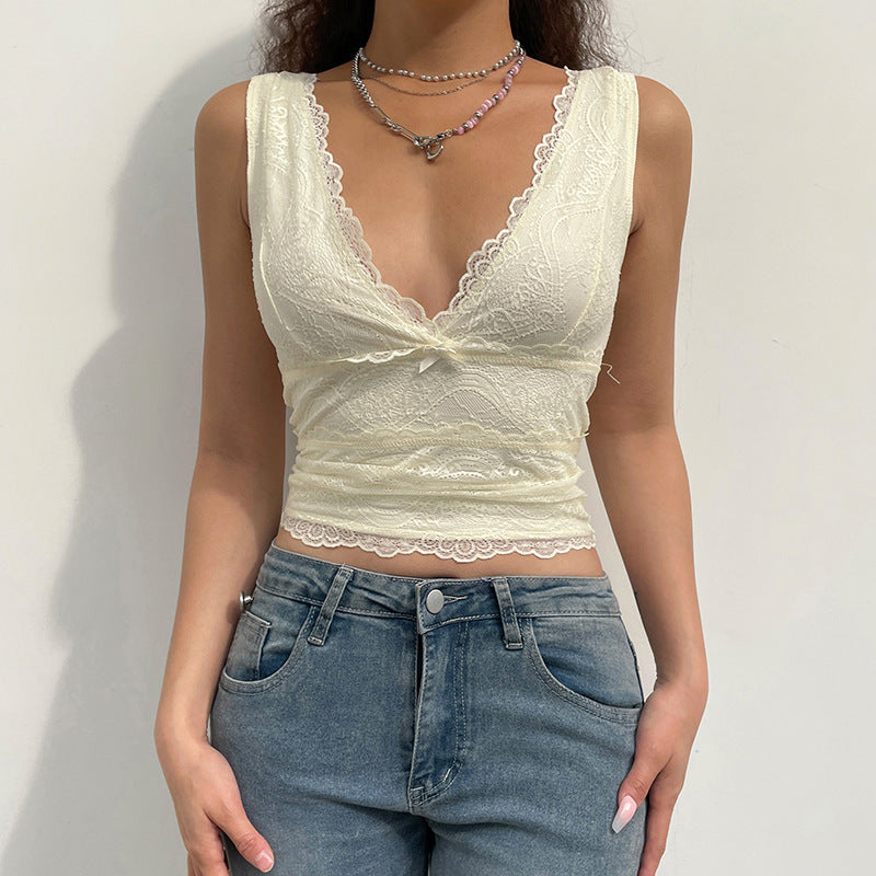 jinran dream clothes New Sexy Lace Edge Stitching Sexy V-neck Double-Layer Vest Tight Bottoming Top for Women