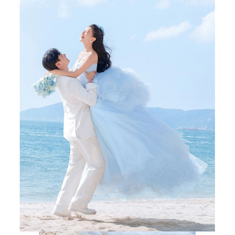 2025 new studio seaside blue Internet celebrity wedding dress princess dream thin super fairy dress studio theme clothing