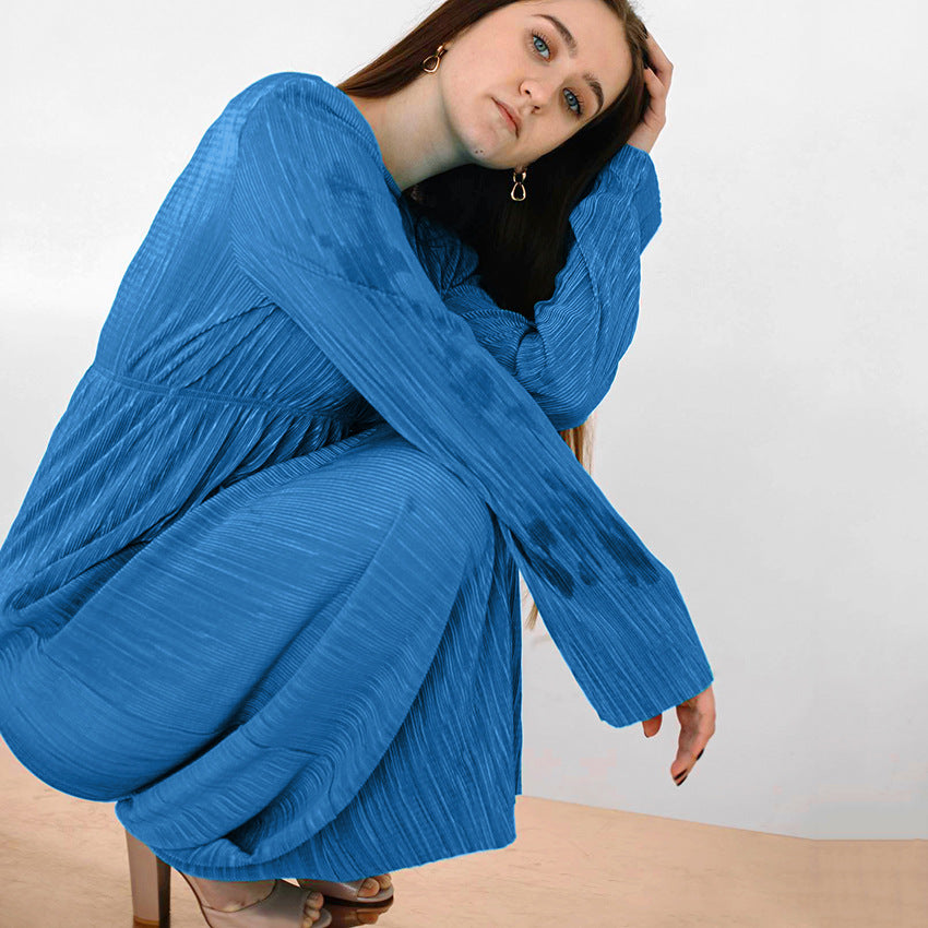 2025 spring long dress round neck hollow sexy temperament dress backless slim long sleeve pleated dress women