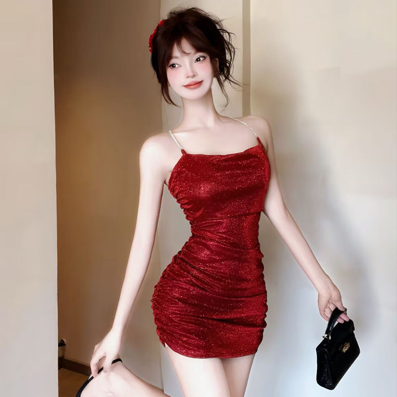 2025 Celebrity women's clothing new sexy backless temperament hip-wrapped suspender dress performance clothes night skirt