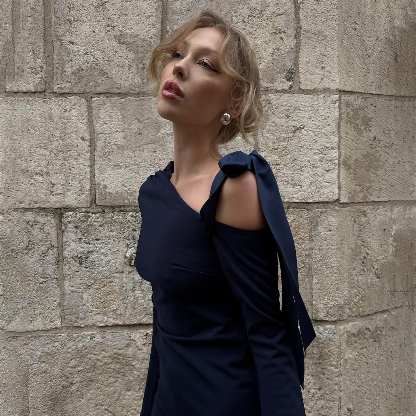 2025 sexy slanted shoulder bow strap slim dress long dress spring temperament high split long sleeve dress