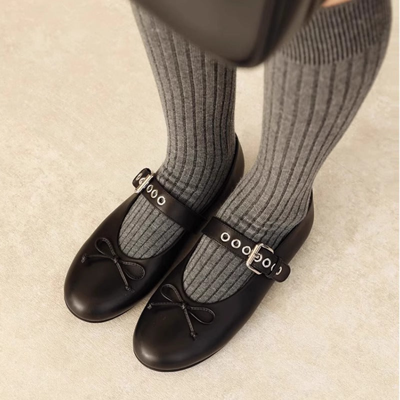 2025 Sheepskin version~ miu new bow ballet flats leather word belt Mary Jane single shoes women's shoes