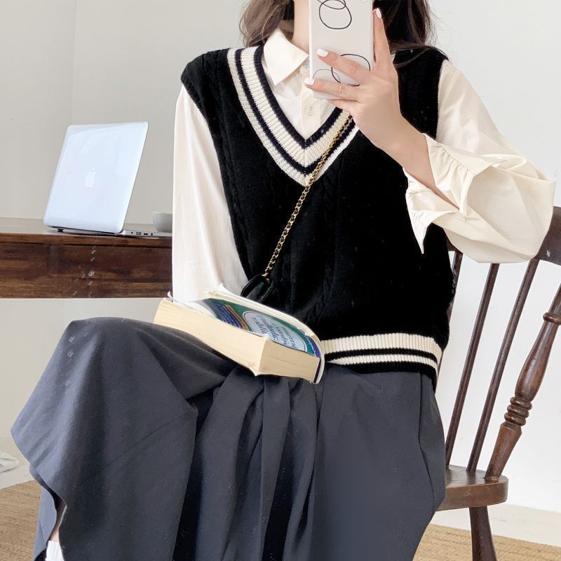 jinran winter outfits Preppy Style Contrast Color V-neck Knitted Vest Women's Clothing Autumn New Design Sleeveless Sweater Vest Top Outer Wear