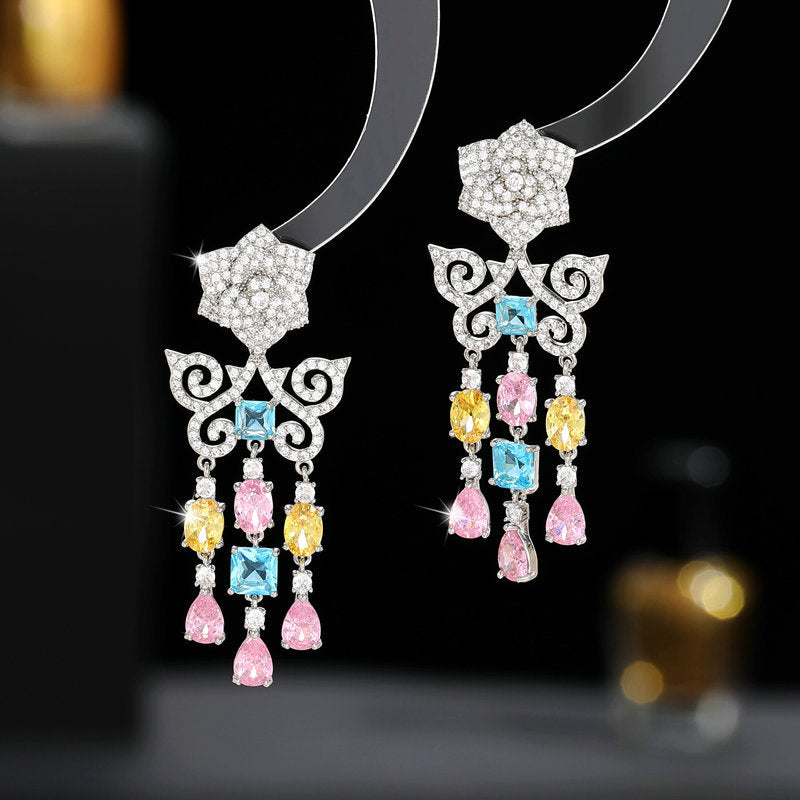 2025 Light luxury high-end dress banquet bride earrings camellia hollow butterfly pattern zircon water drop fringed earrings