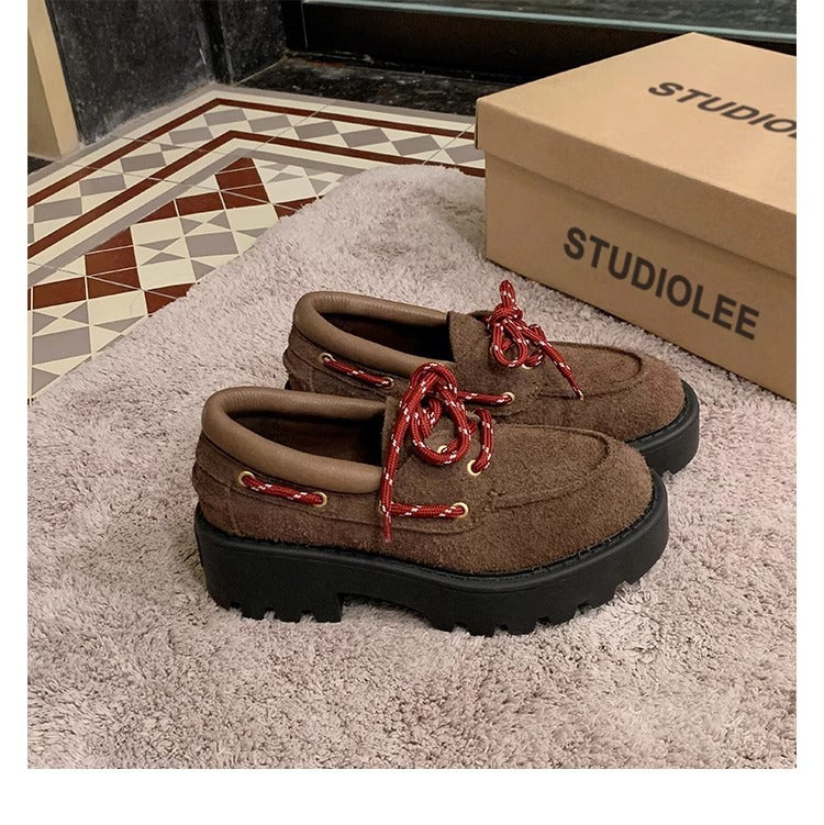 2025 Cowhide version~ Grape mother, the same retro lace-up versatile thick heel thick sole heightening British small leather shoes women's loafers