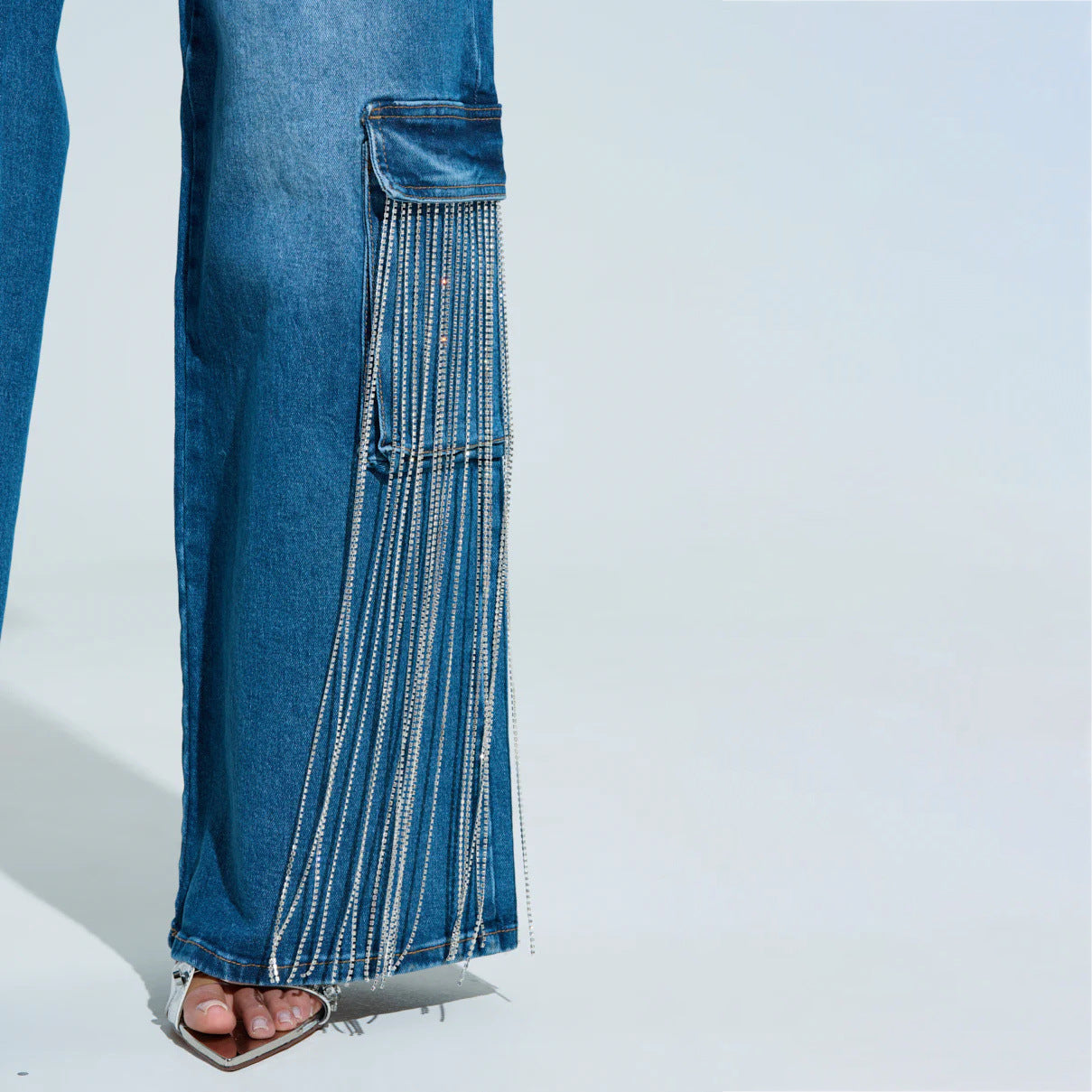 2025 New retro wind drill chain fringed design straight jeans women's spring and summer new washed old trousers women