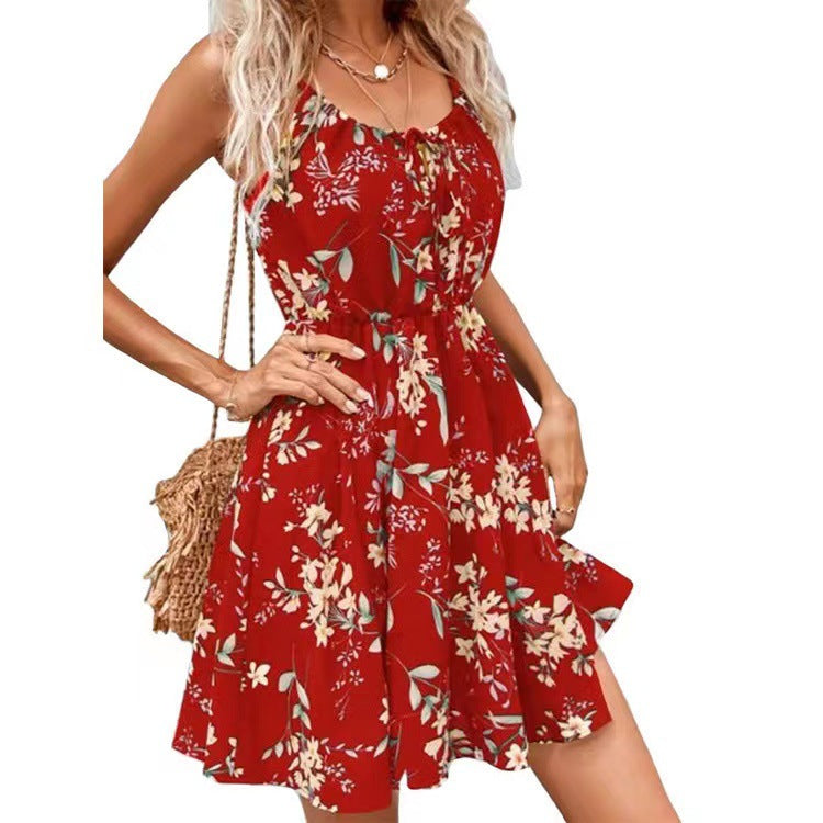 2025 Popular, , summer new elegant sleeveless dress pullover printing elastic waist suspender short skirt women