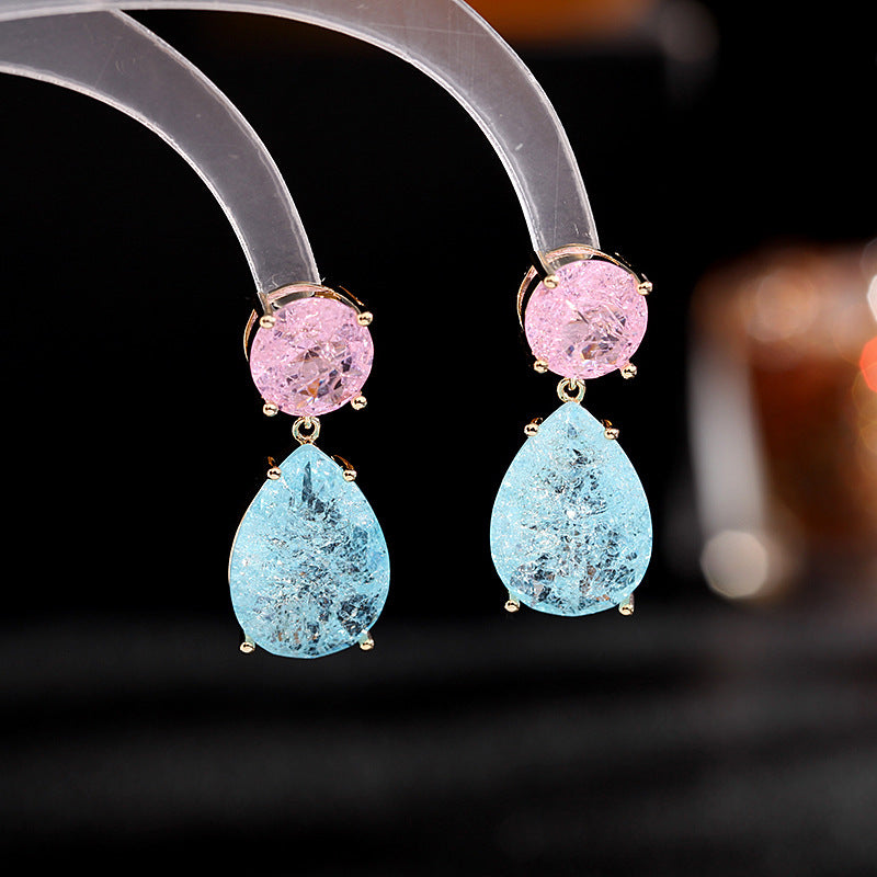 2025 Korean new color matching zirconium earrings for women sweet temperament simple S925 silver needle ice crack zircon water drop earrings