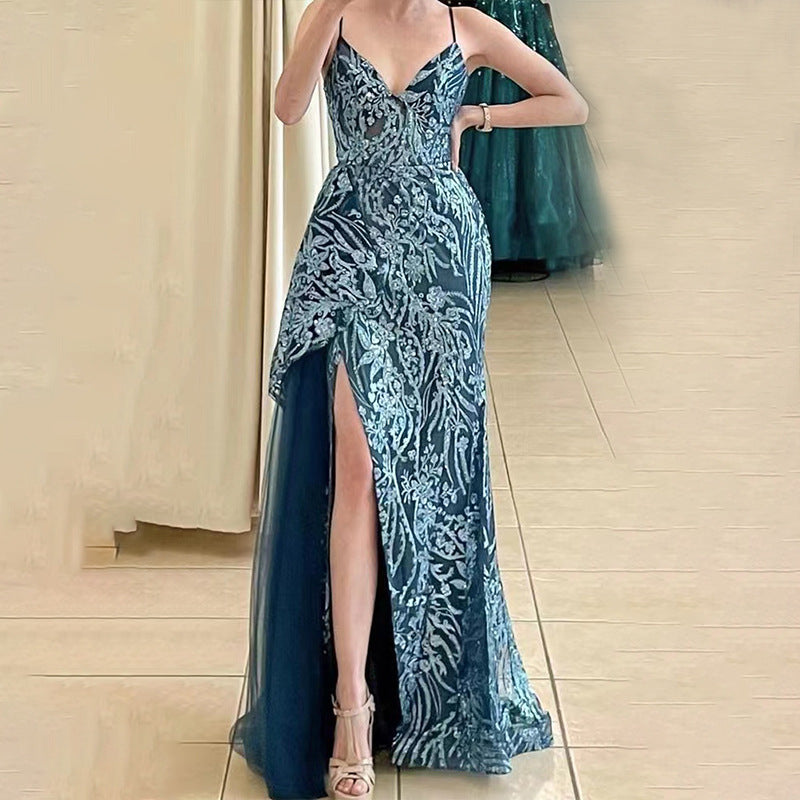 2025 New 2025 new three-dimensional positioning flower dress long banquet temperament slim and thin evening dress