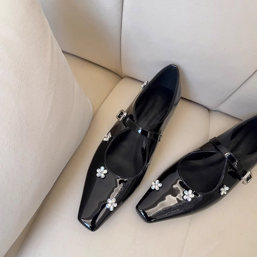 2025 Spot sheepskin version~ rhinestone flower inner height increase single shoes with temperament square head silver Mary Jane shoes