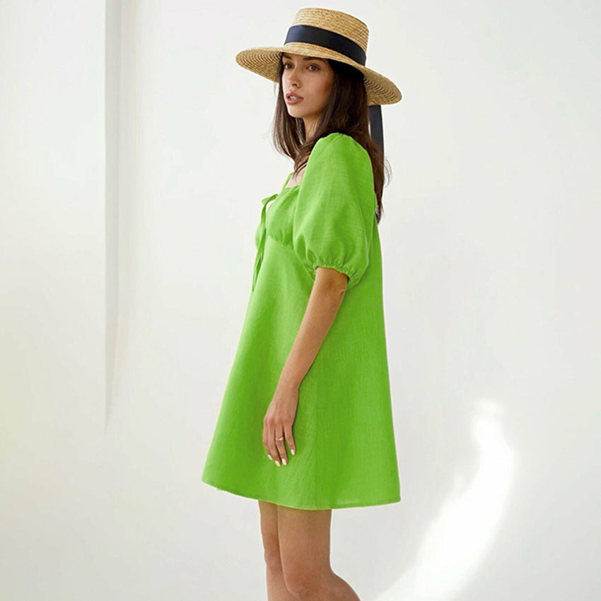 2025 summer new fashion women's doll skirt bubble sleeve bow lace-up design dress women