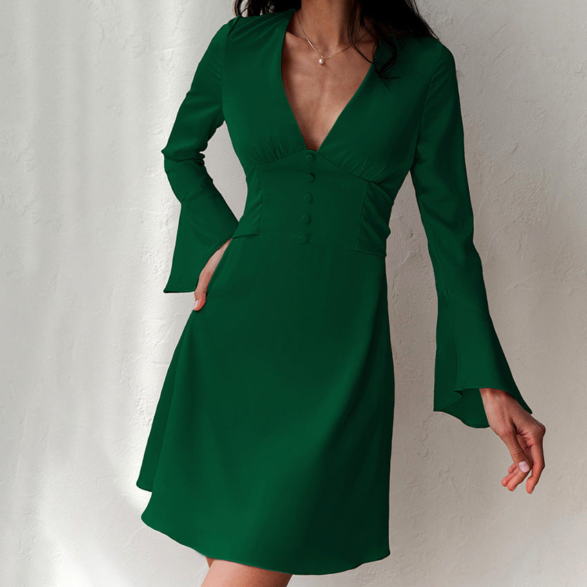 2025 temperament imitation satin acetate V-neck horn sleeve dress popular spring new fashion wholesale women