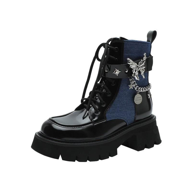 jinran shoes 2024 Autumn New Liquid Butterfly Martin Boots Thick Bottom Casual Lightweight Denim Knight Boots Women's Short Boots Women's Chunky Heel