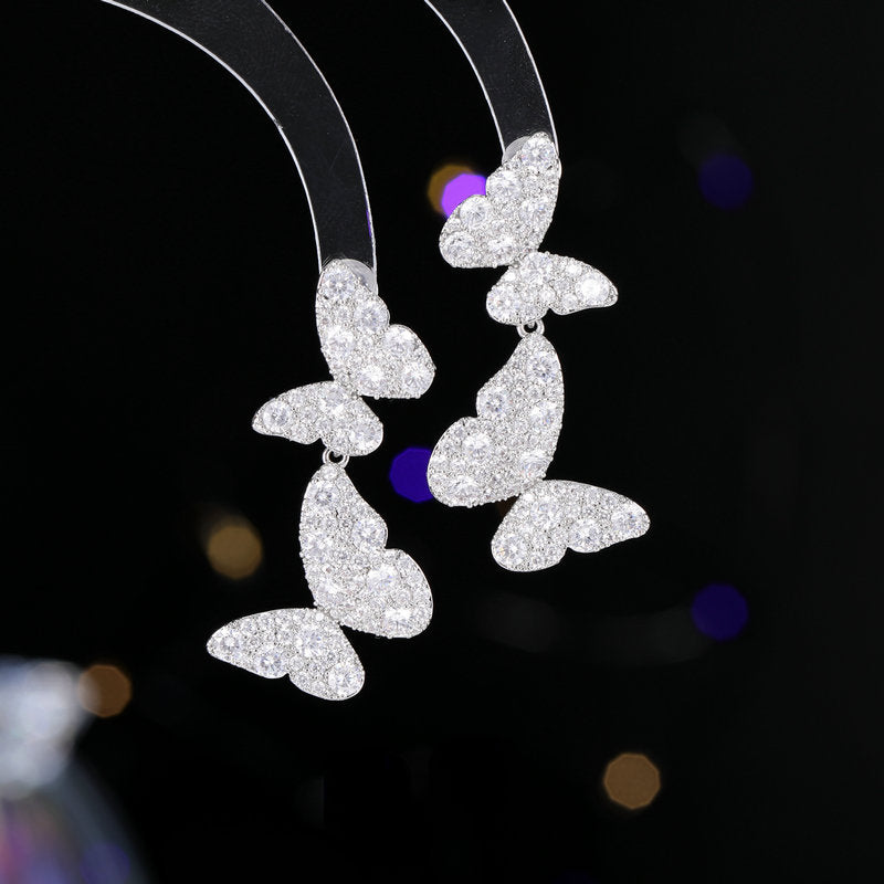 2025 Exquisite full diamond double butterfly earrings S925 silver needle women's light luxury temperament versatile niche design temperament earrings