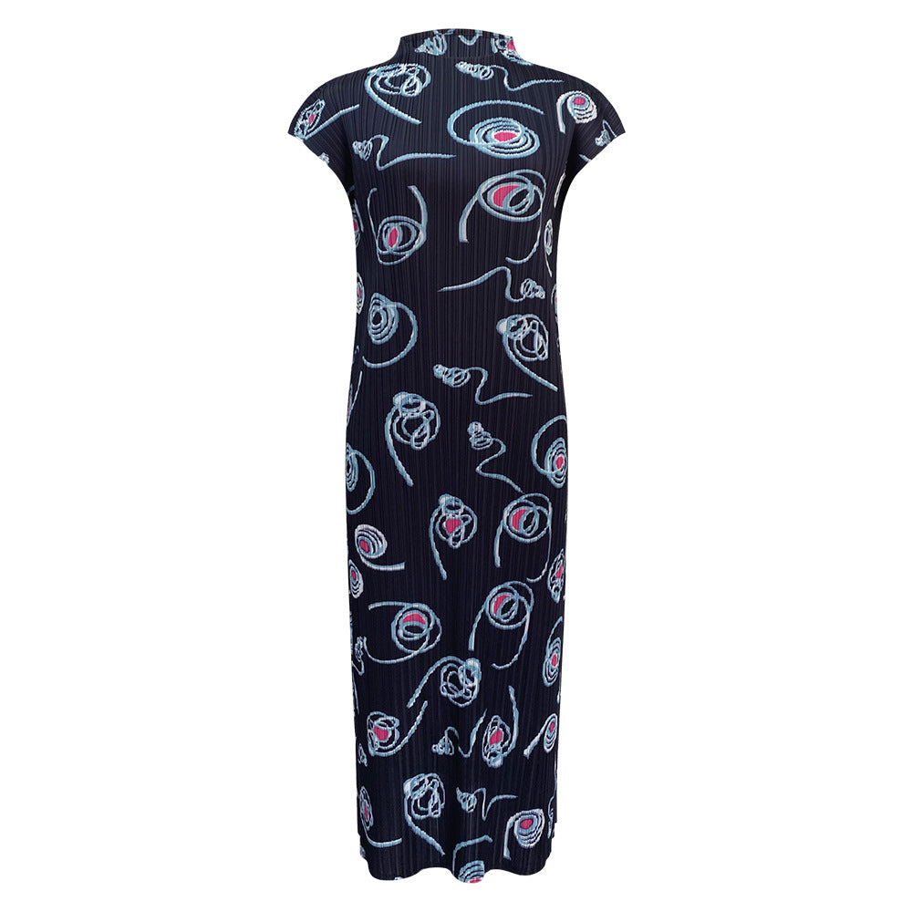 2025 summer new Miyake circle printing temperament high-waisted dress slim-fitting pleated semi-turtleneck A-shaped skirt