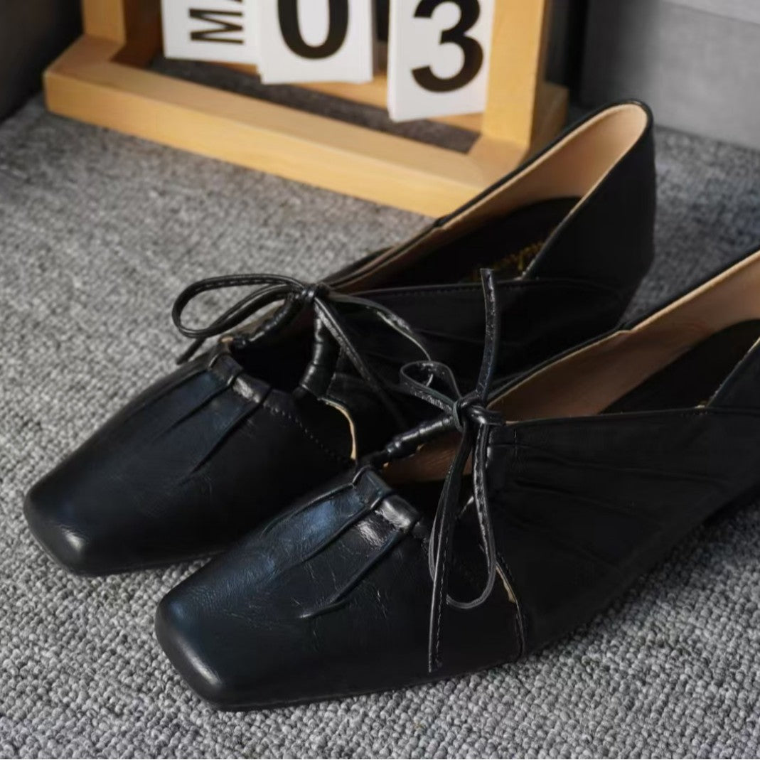 2025 Sheepskin version~ niche design pleated hollow square head Mary Jane shoes leather bow flat shoes