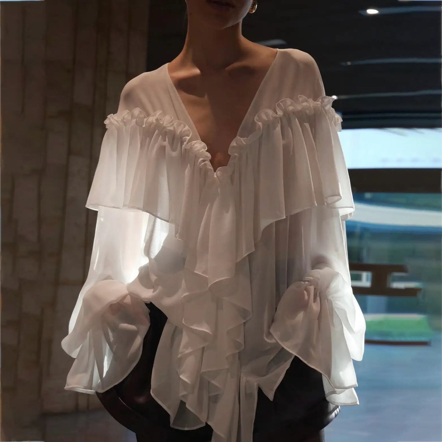 2025 Popular trade deep V-neck ruffle edge long-sleeved chiffon top femininity high-end new irregular chiffon shirt