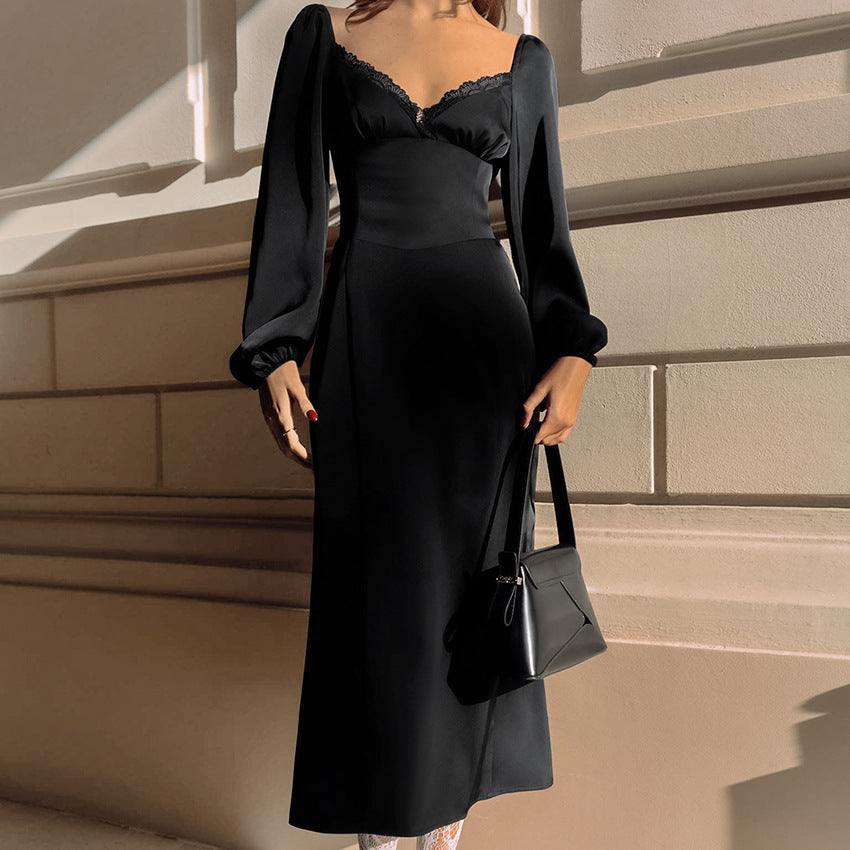 2025 imitation satin acetate V-neck bubble sleeve lace dress popular new spring fashion New women