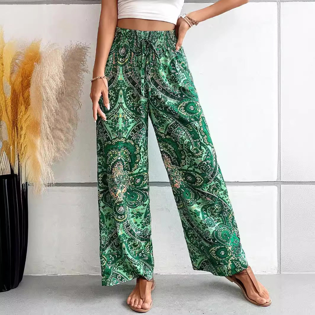 2025 Tiktoktemu women's clothing summer new fashionable versatile printed elastic waist wide-leg pants