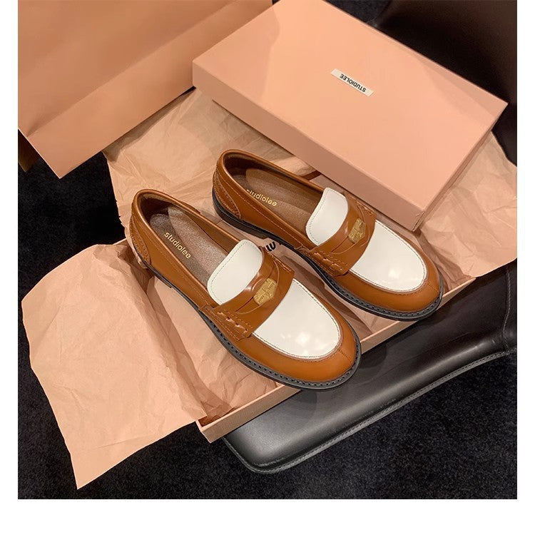 2025 Cowhide version~ Xingshengda shoes make old horse leather retro polished small gold coins thick heel loafers women's small leather shoes